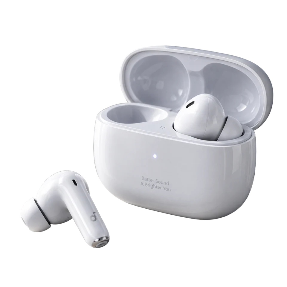 White wireless earbuds isolated for an ecommerce product image